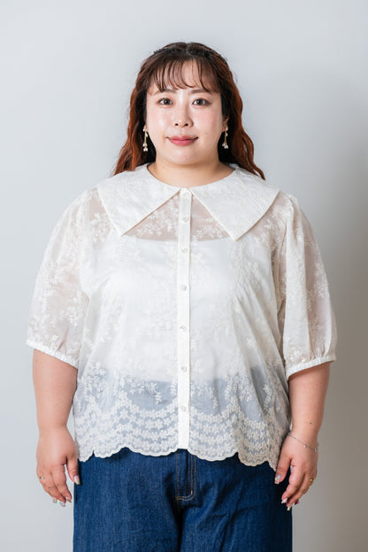 フラワー刺繍シアーブラウス
