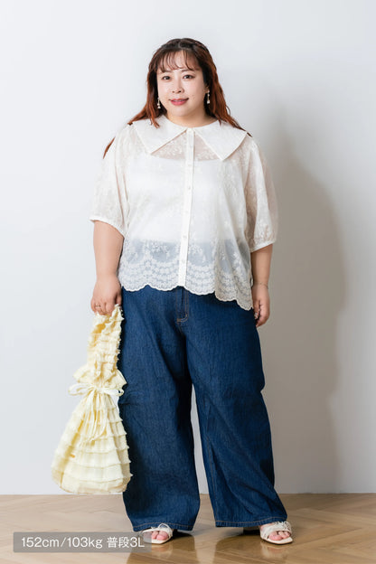 フラワー刺繍シアーブラウス
